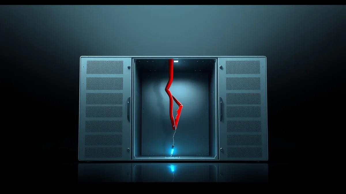 Illustration: A sleek silver server sits in a dark room, its front panel displaying blank white lights.