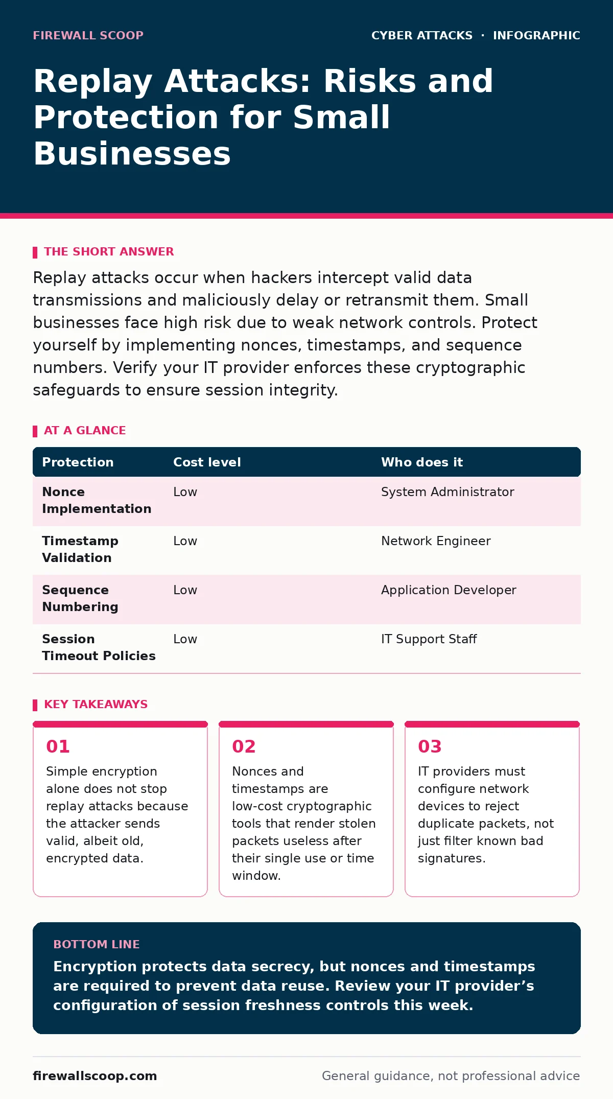 Infographic: Replay Attacks: Risks and Protection for Small Businesses. Simple encryption alone does not stop replay attacks because the attacker sends valid, albeit old, encrypted data. Nonces and timestamps are low-cost cryptographic tools that render stolen packets useless after their single use