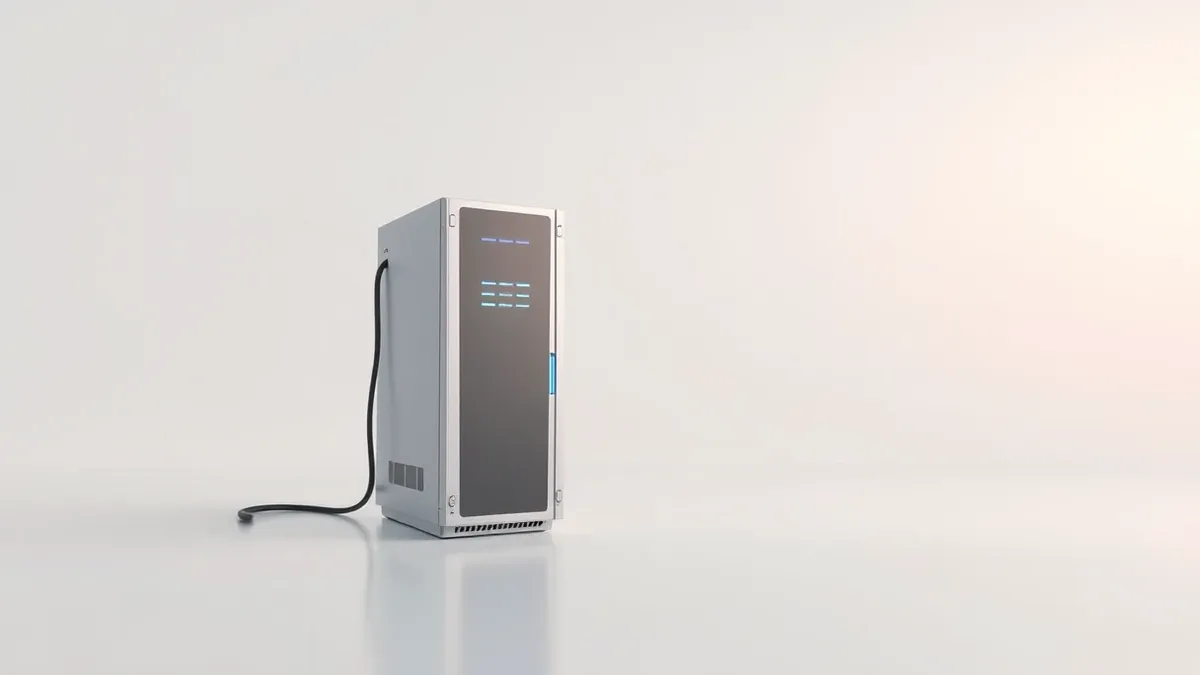 Illustration: A sleek silver rack-mounted server sits alone in a sterile white room.