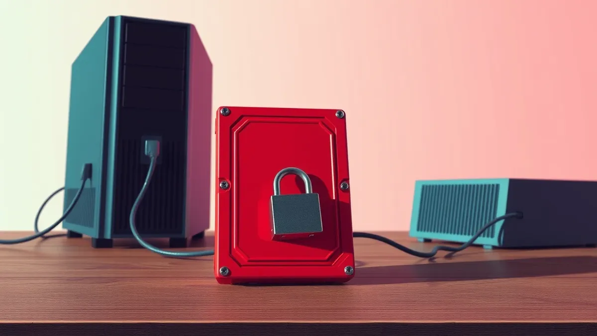 Illustration: A sturdy red hard drive sits disconnected on a wooden desk beside a plugged-in computer tower.
