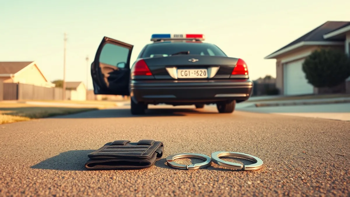 Illustration: A dusty suburban driveway holds a parked police sedan with its rear door open.