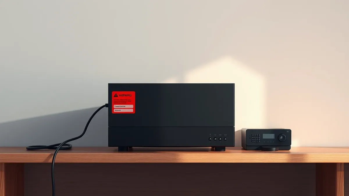 Illustration: A sleek black media server box sits on a wooden shelf, connected to cables.