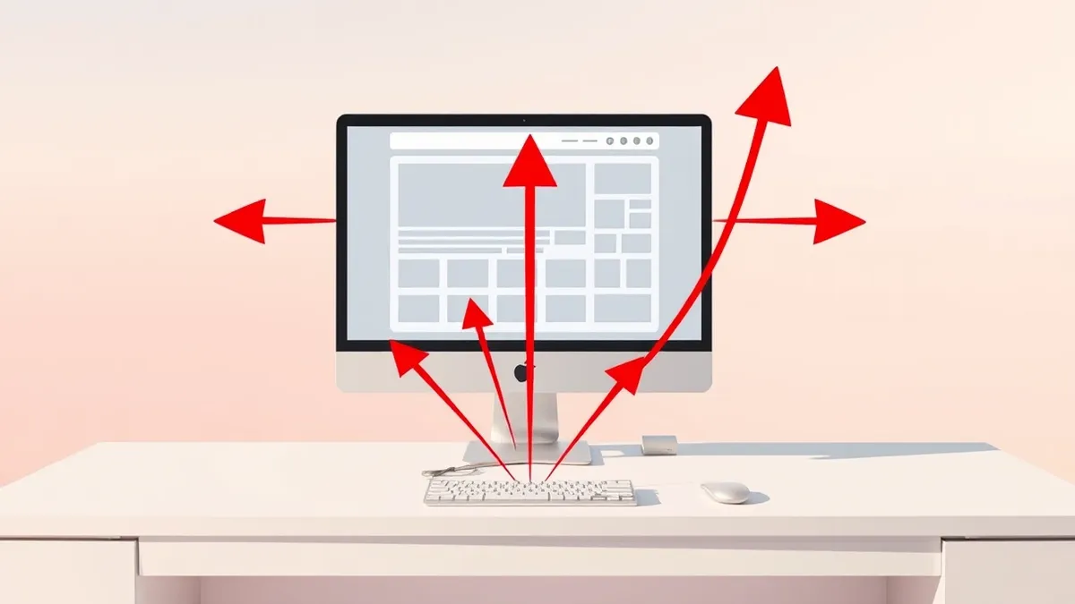 Illustration: A sleek desktop computer sits on a clean white desk, its monitor displaying a simplified website layout editor with draggable block elements.