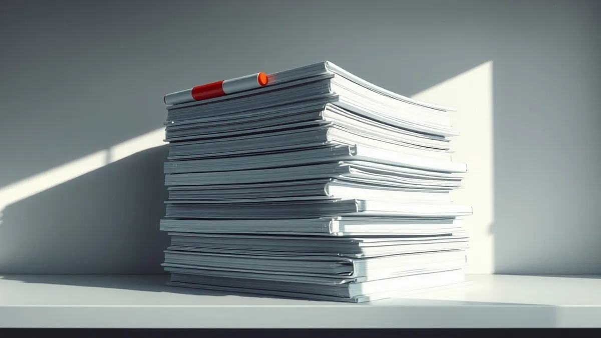 Illustration: A thick stack of blank white folders sits on a dusty shelf, gathering shadows.