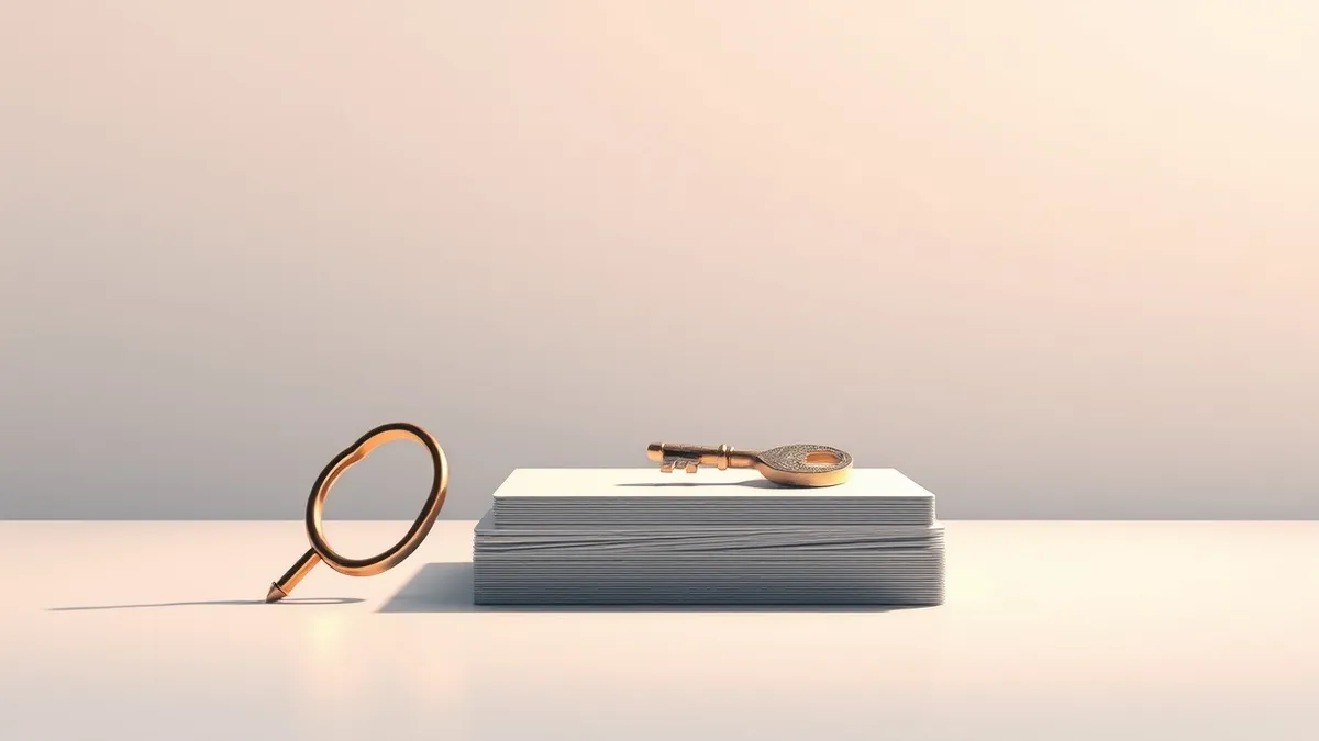 Illustration: A single glowing key rests on a sleek surface, casting a long shadow over a stack of blank, unmarked cards.