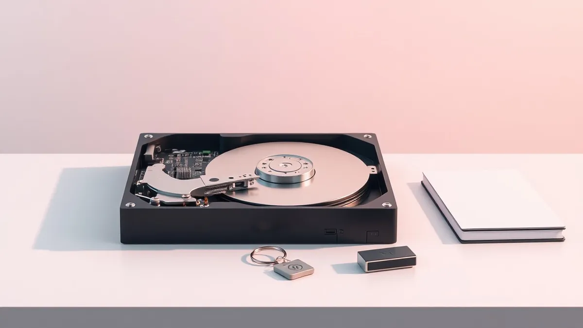 Illustration: A sleek external hard drive sits open on a desk, revealing its bare circuit board and metallic platters.