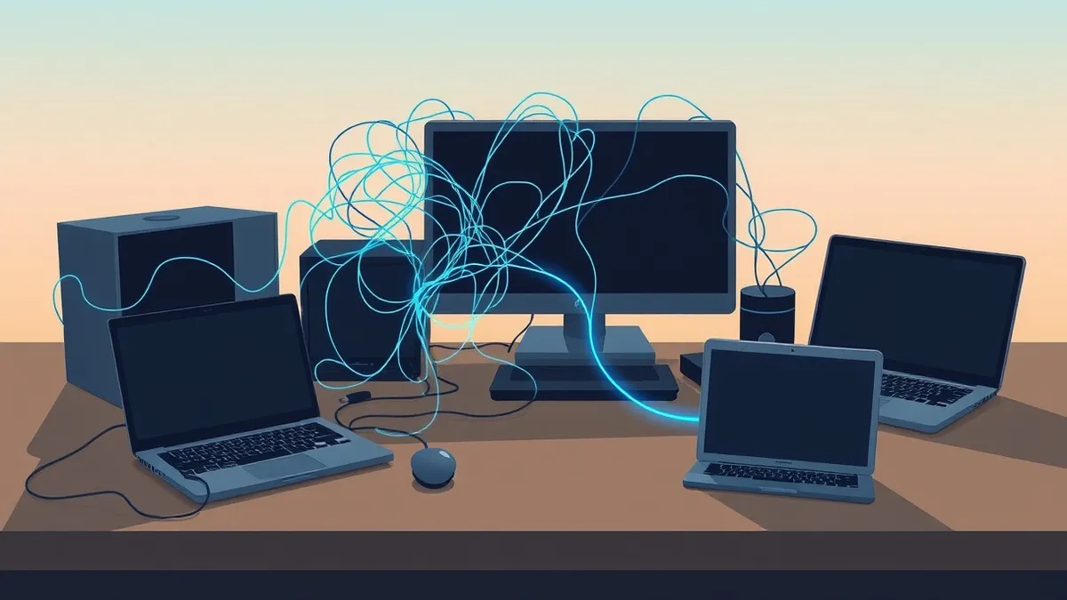 Illustration: A tangled web of glowing blue threads connects various office devices on a desk.