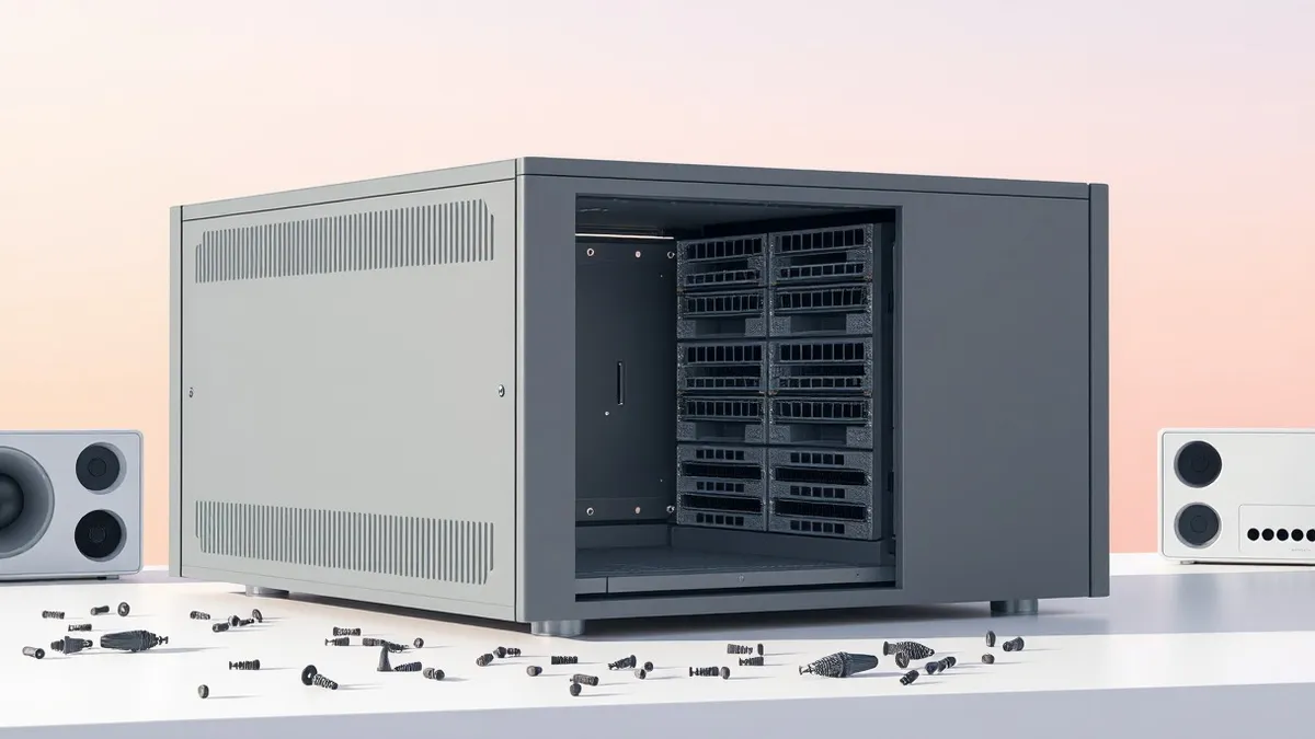 Illustration: A sleek gray server box sits on a white desk with its side panel open, revealing empty drive bays where internal components have vanished.