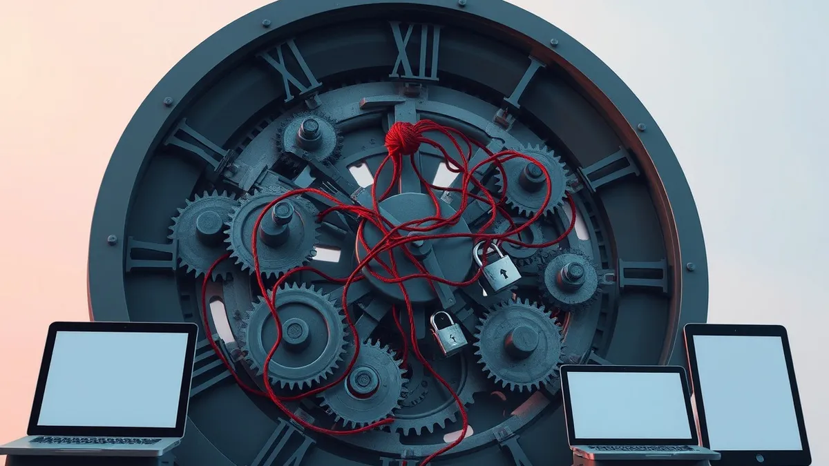 Illustration: A tangled knot of red thread winds through the intricate gears of a large, exposed clock mechanism.