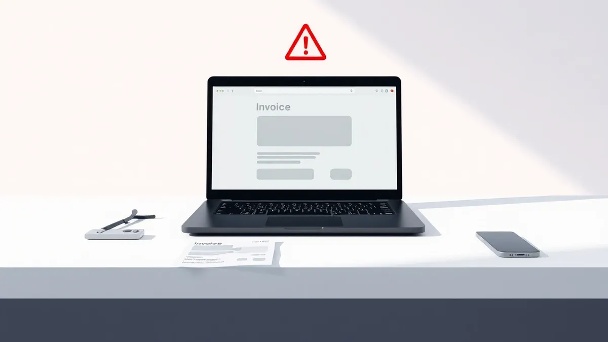 Illustration: A sleek black laptop sits on a minimalist white desk beside a single printed invoice with blank fields.