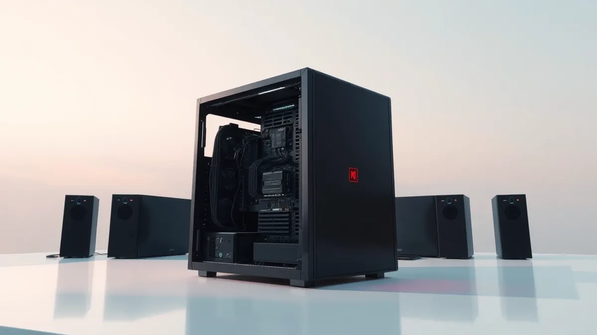 Illustration: A sleek black server tower sits isolated on a sterile white desk, its side panel removed to reveal intricate circuitry.