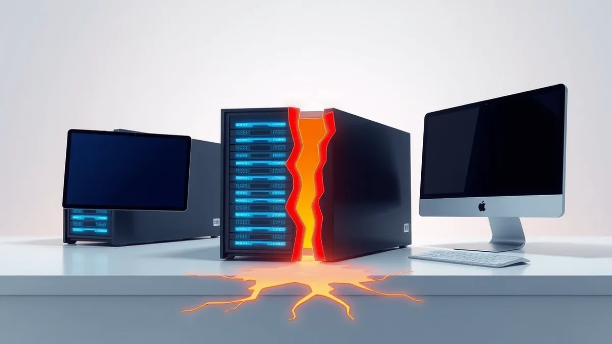 Illustration: A sleek black database server sits on a clean white desk, its front panel glowing with soft blue lights.