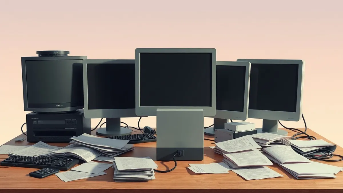 Illustration: A cluttered office desk holds several realistic-looking but empty computer monitors and scattered papers.