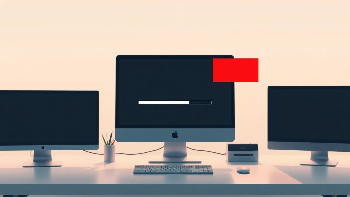 Illustration: A sleek desktop computer sits on a clean desk, its monitor displaying a generic progress bar that abruptly halts.