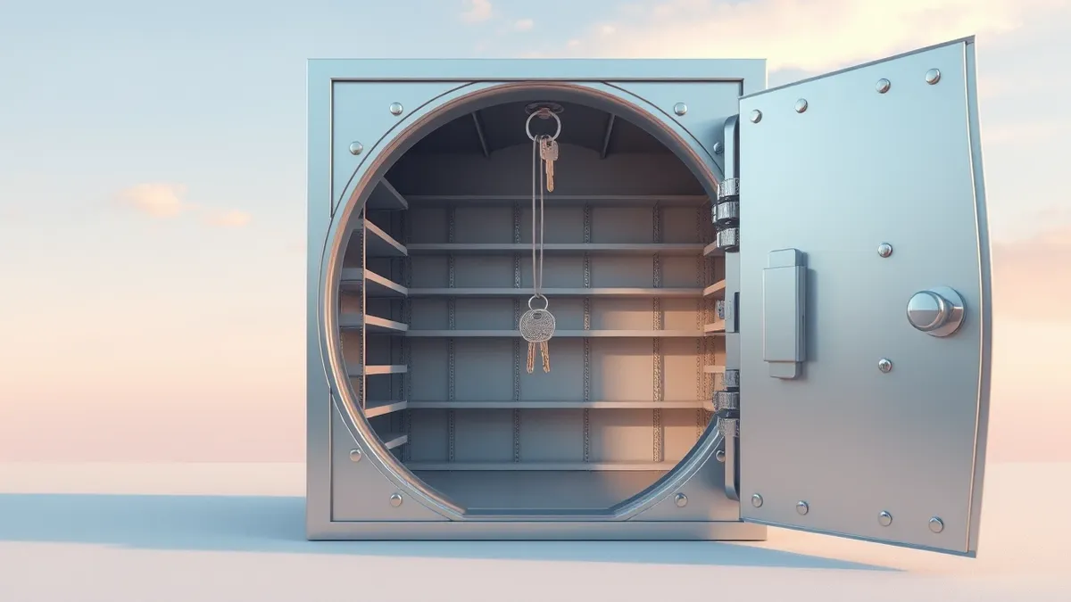 Illustration: A single magnetic key dangles loosely from the lock of a heavy, open steel vault door.