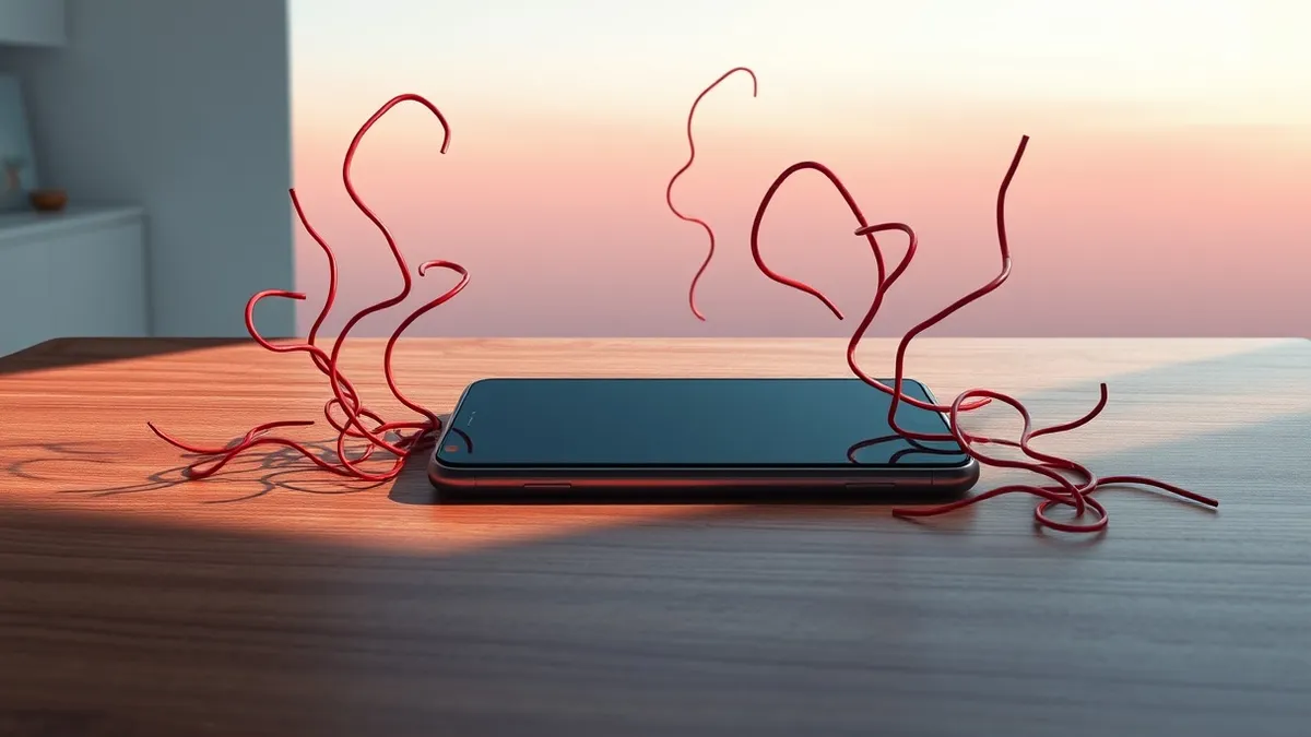 Illustration: A sleek smartphone rests on a polished wooden desk, its blank screen reflecting a darkened room.