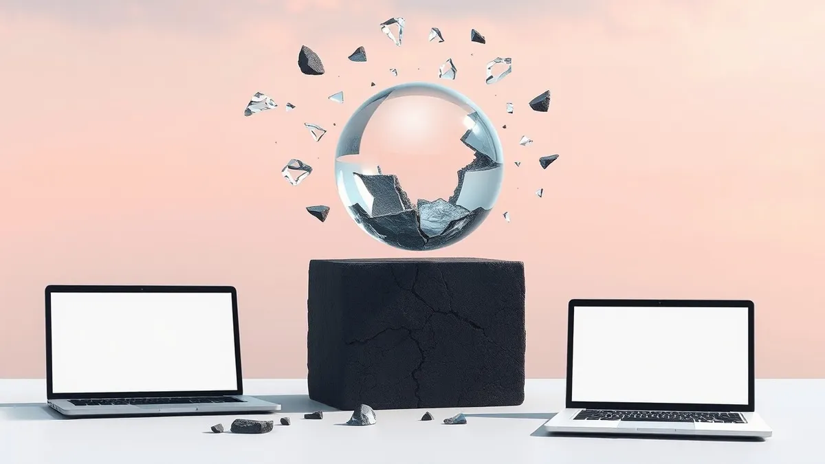 Illustration: A shattered glass sphere floats above a dark, cracked foundation block, with jagged fragments drifting upward.