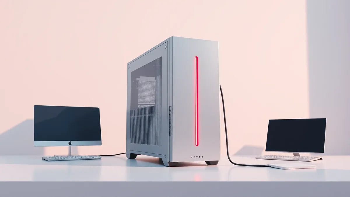 Illustration: A sleek, silver computer tower sits on a clean white desk.