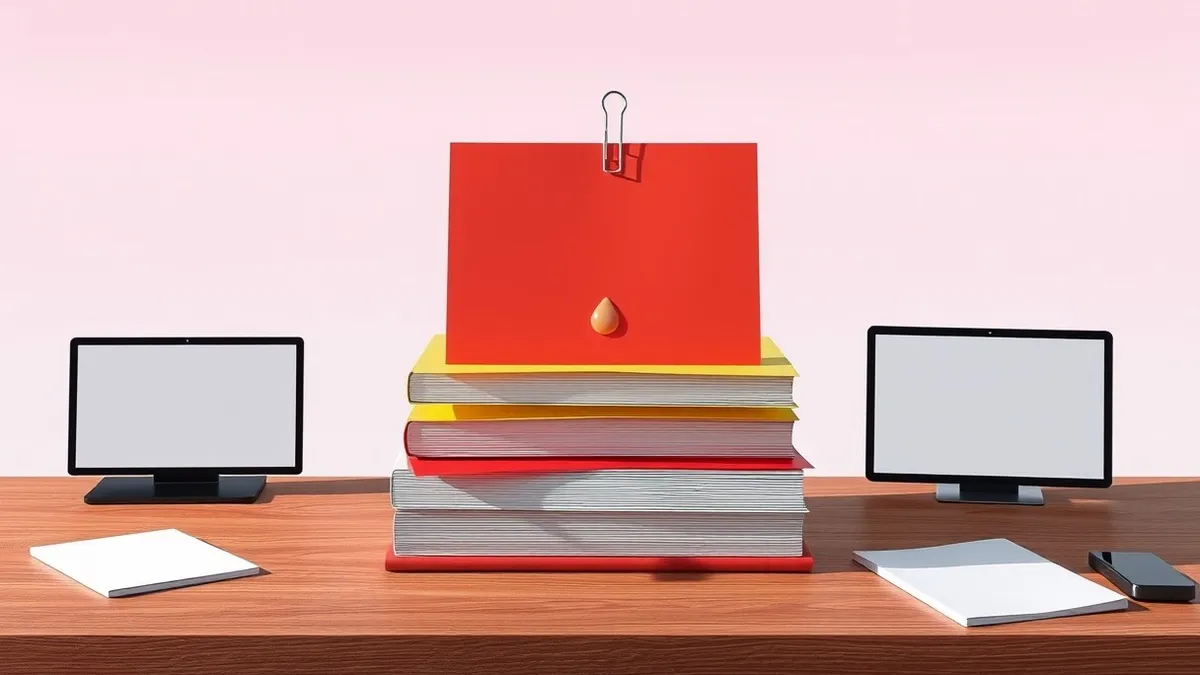 Illustration: A stack of four blank folders sits on a wooden desk, each covered by a translucent sheet in red, amber, yellow, or green.