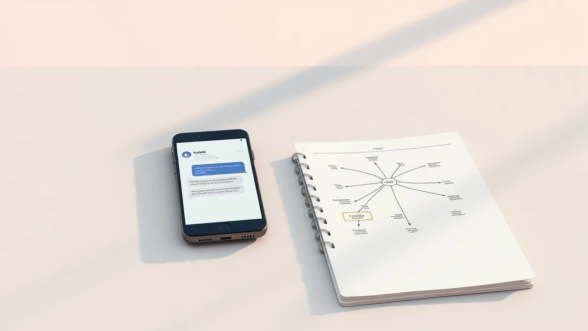 Illustration: A sleek corporate desk holds a single smartphone and an open notebook.