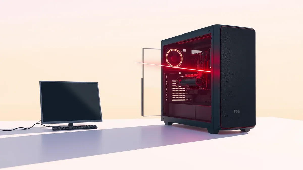 Illustration: A sleek black server tower sits on a sterile white desk with its side panel removed to reveal glowing internal circuitry.