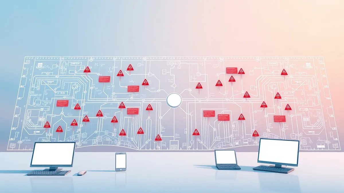 Illustration: A digital blueprint of a software application unfolds into a detailed network map.