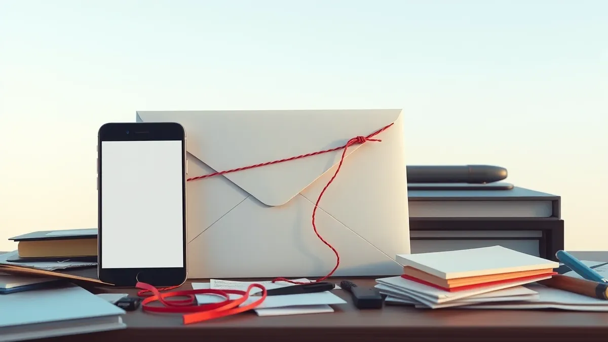 Illustration: A white envelope sits on a cluttered desk next to a smartphone displaying a blank notification screen.