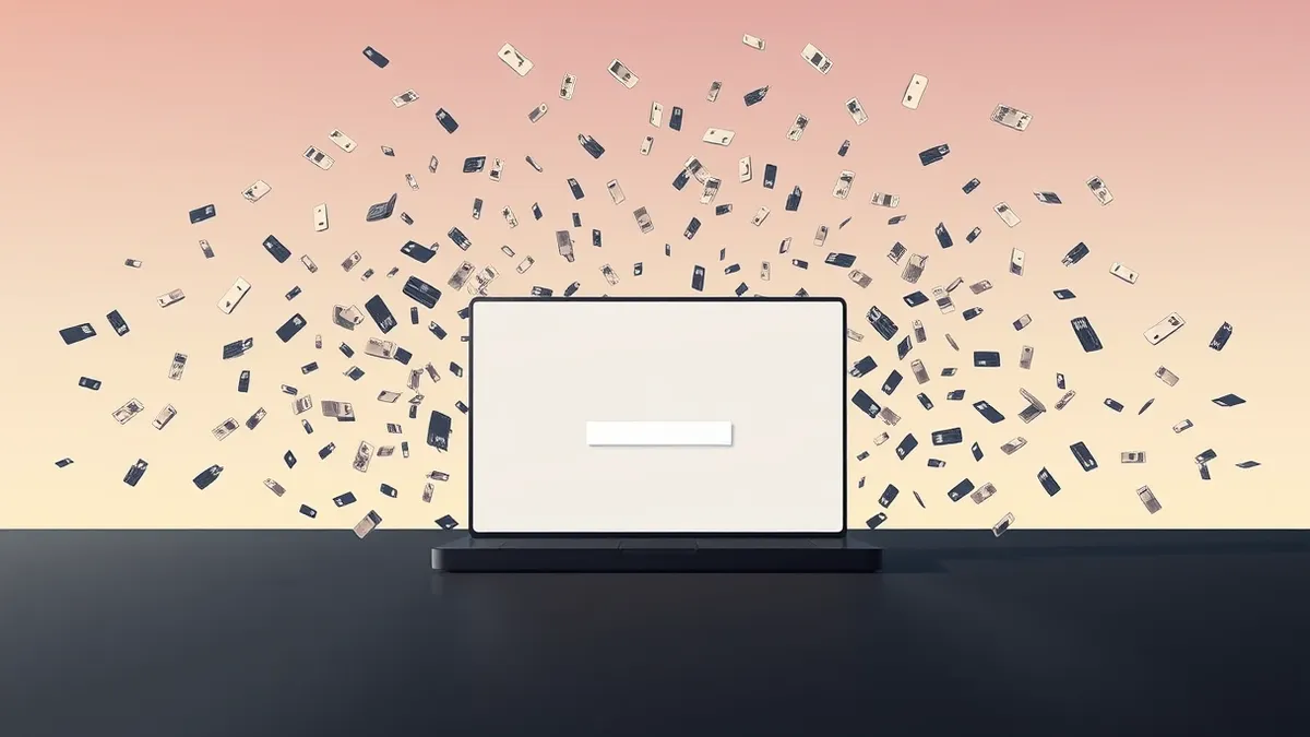 Illustration: A blank login screen sits isolated on a dark surface, surrounded by a chaotic storm of identical, rapidly multiplying digital keycards that swirl violently in the air