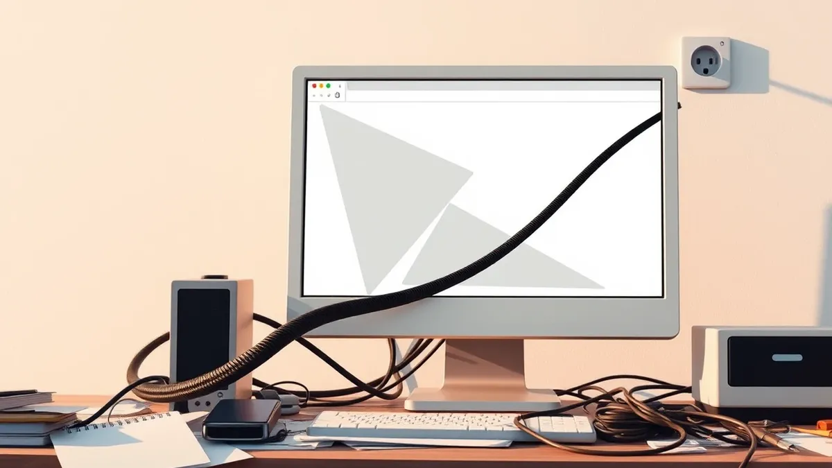 Illustration: A white computer monitor sits on a cluttered desk, its screen displaying a blank web browser window with abstract gray geometric shapes.