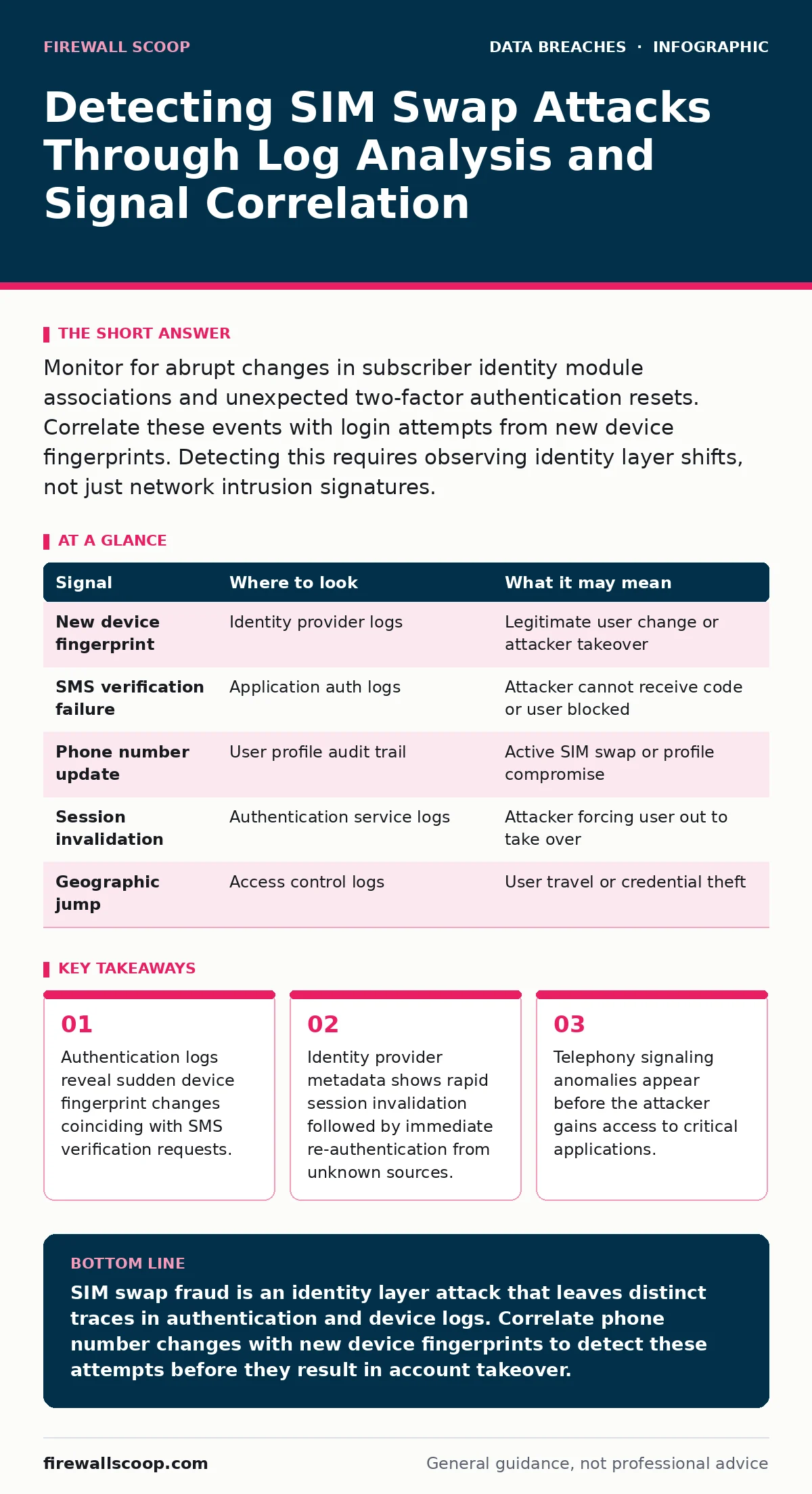 Infographic: Detecting SIM Swap Attacks Through Log Analysis and Signal Correlation. Authentication logs reveal sudden device fingerprint changes coinciding with SMS verification requests. Identity provider metadata shows rapid session invalidation followed by immediate re-authentication from unknow