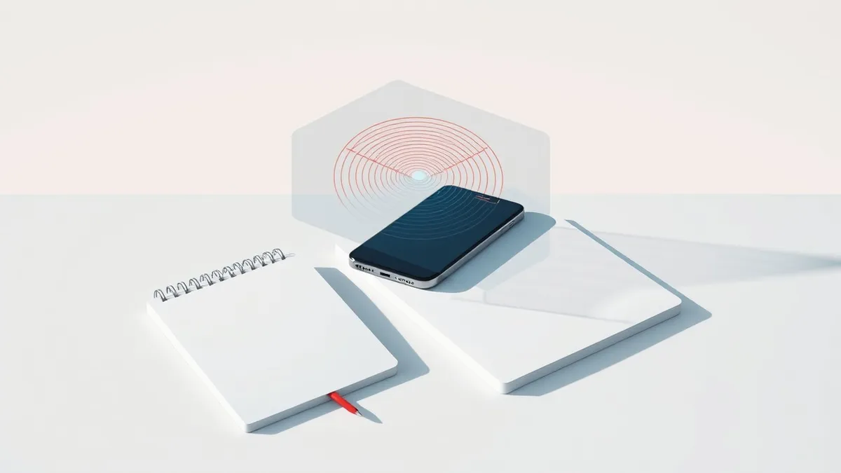 Illustration: A solitary smartphone rests on a desk beside a blank notebook, while a transparent sheet overlays the phone displaying abstract red and blue signal waves converging o