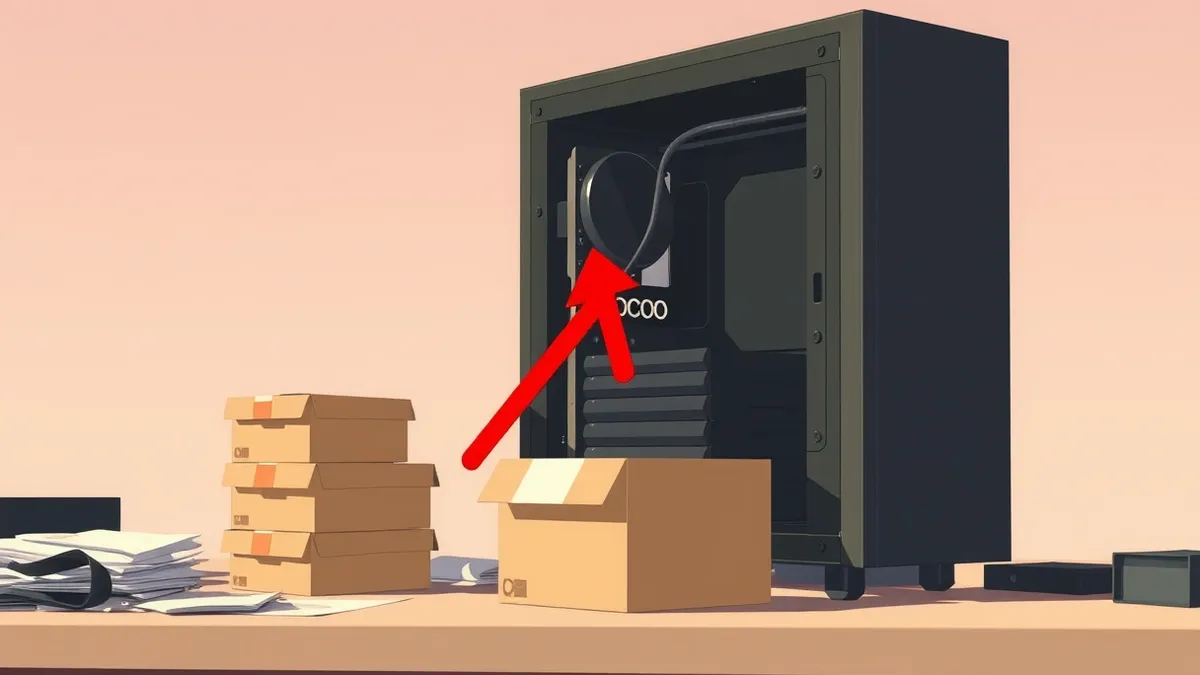 Illustration: A sleek black server tower sits on a messy desk, its side panel removed to reveal exposed circuit boards.