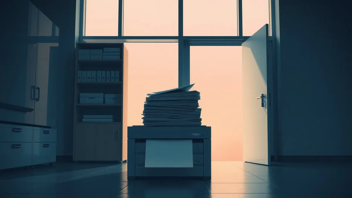Illustration: A stack of confidential papers rests on an open printer tray in a dimly lit office.