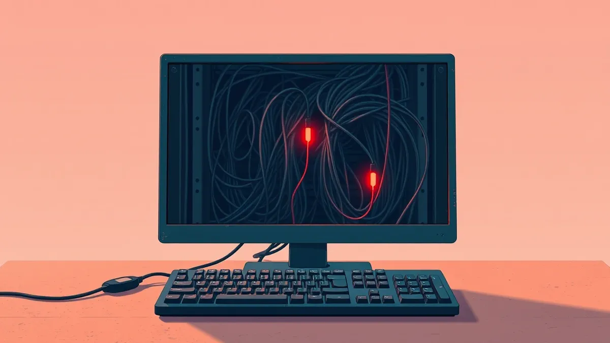 Illustration: A dusty keyboard sits before a monitor displaying a single, pulsing red node connected to tangled wires.