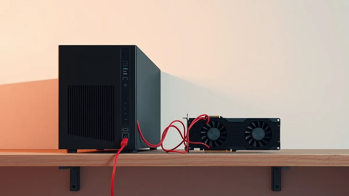 Illustration: A sleek black media server box sits alone on a dusty wooden shelf.