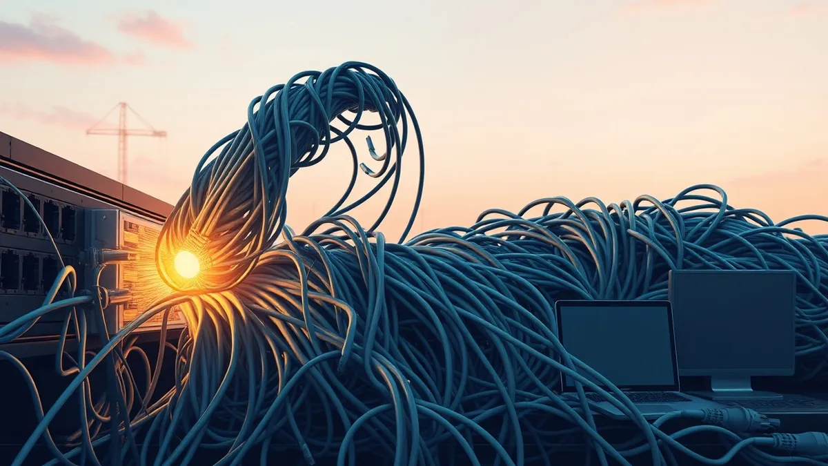 Illustration: A tangled mass of ethernet cables snakes out of a network switch, swelling into a thick, glowing vein that pulses with erratic light.