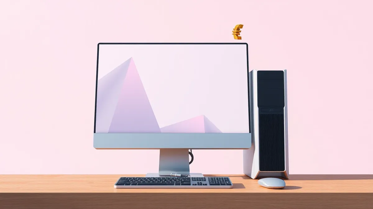 Illustration: A sleek desktop computer sits on a clean wooden desk with its monitor displaying only soft, abstract geometric shapes.