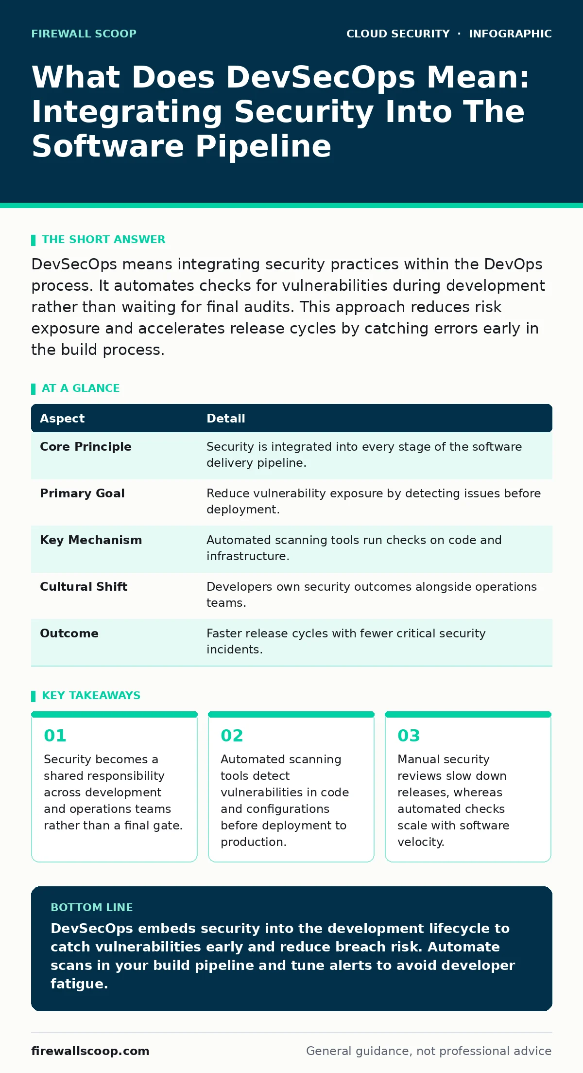 Infographic: What Does DevSecOps Mean: Integrating Security Into The Software Pipeline. Security becomes a shared responsibility across development and operations teams rather than a final gate. Automated scanning tools detect vulnerabilities in code and configurations before deployment to productio