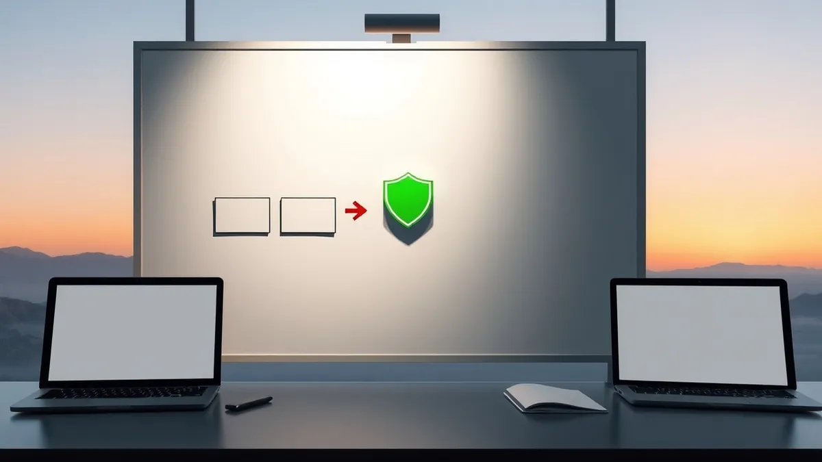 Illustration: A whiteboard displays a flowchart with connected boxes.