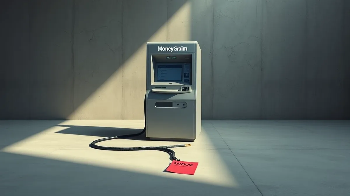 Illustration: A sleek silver MoneyGram transfer kiosk sits isolated in a dimly lit concrete room.