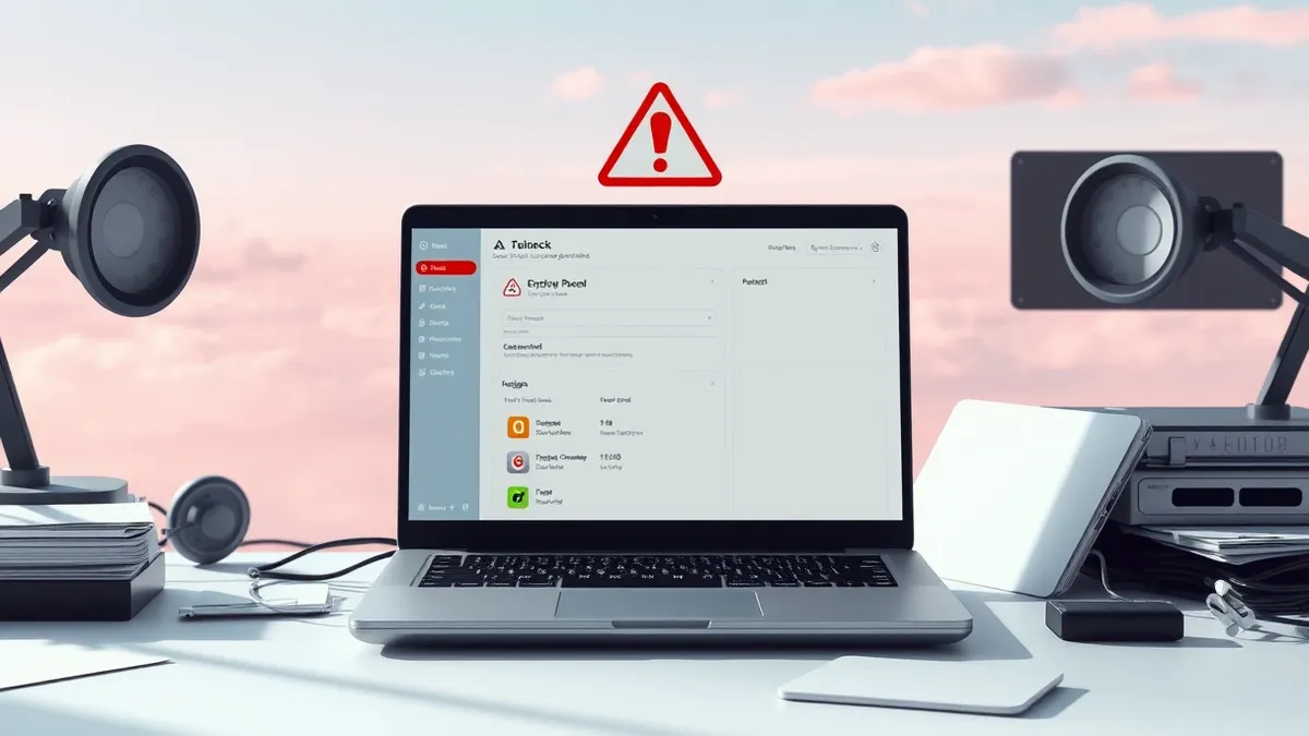 Illustration: An open laptop sits on a cluttered desk, its screen displaying a blank dashboard interface with no login prompt or password field.