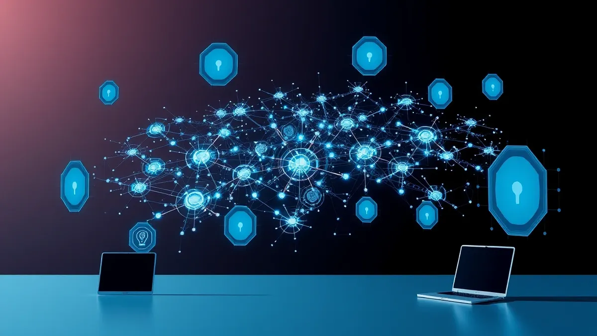 Illustration: A complex digital network map floats in a dark void, with invisible sensors scanning the glowing nodes and connections.