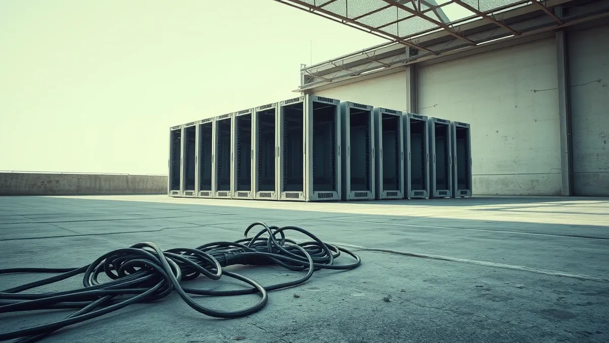 Illustration: A tangle of severed black ethernet cables spills across a dusty concrete floor, disconnected from a row of identical gray server racks.
