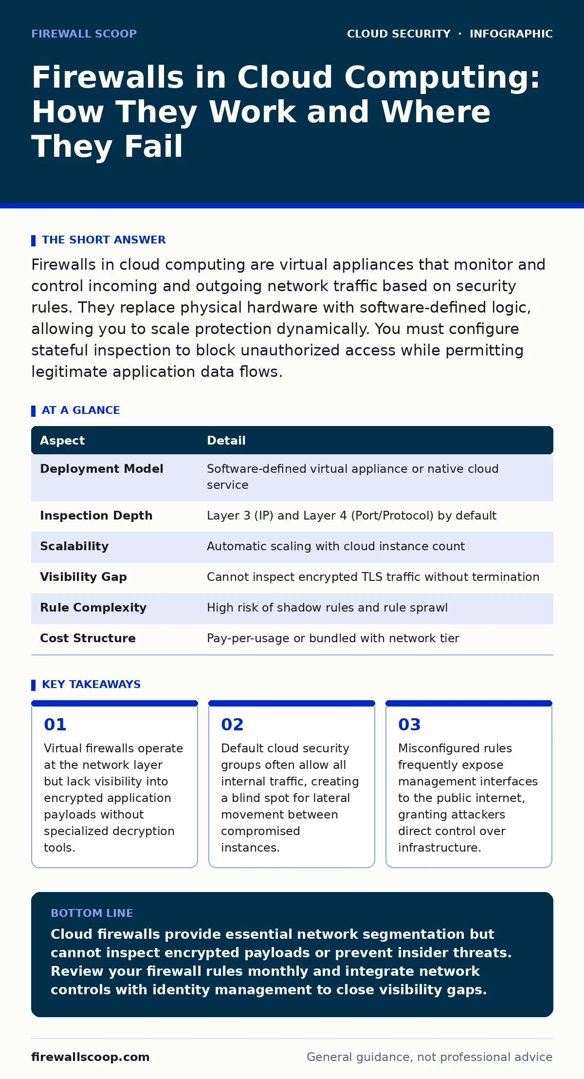 Infographic: Firewalls in Cloud Computing: How They Work and Where They Fail. Virtual firewalls operate at the network layer but lack visibility into encrypted application payloads without specialized decryption tools. Default cloud security groups often allow all internal traffic, creating a blind