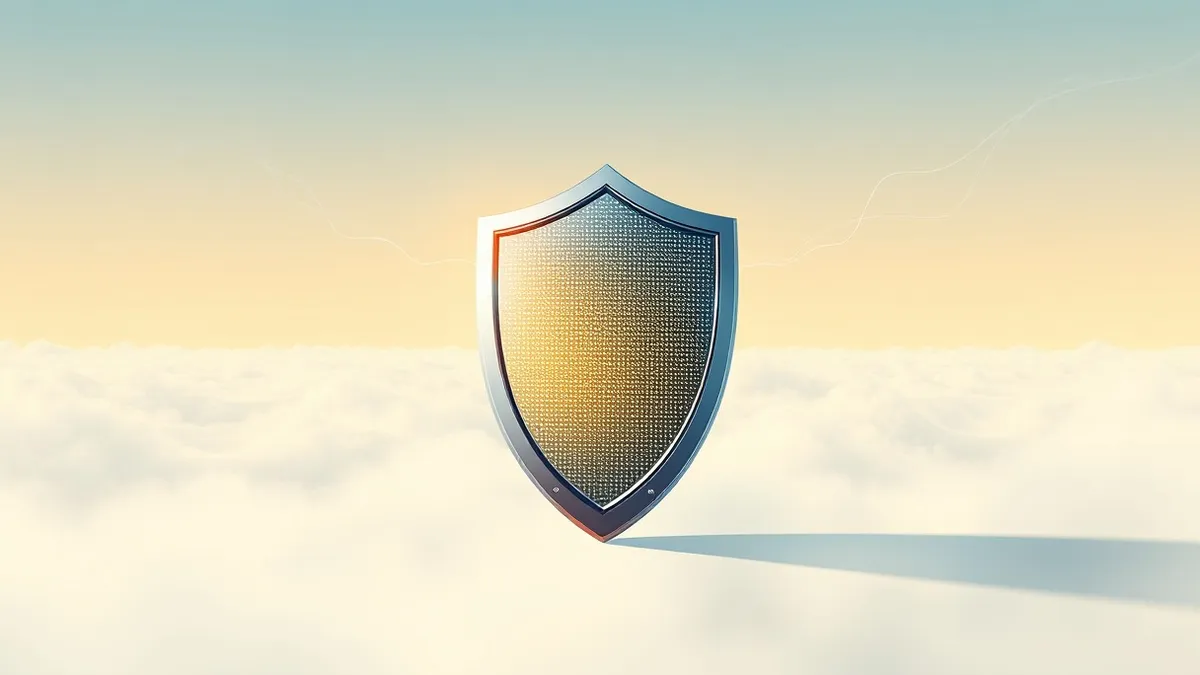 Illustration: A sleek metallic shield with a glowing grid stands at the edge of a vast, misty digital landscape.