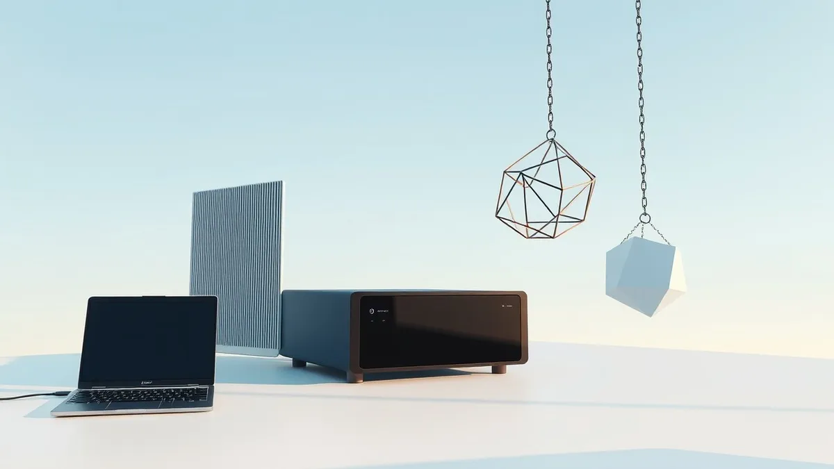 Illustration: A sleek black server box sits on a clean white desk.