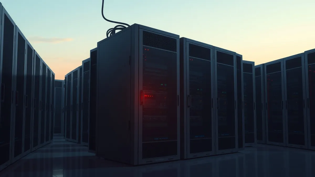 Illustration: A row of blinking server racks sits in a dim data center aisle, with one specific unit displaying a steady red warning light while the surrounding equipment remains d