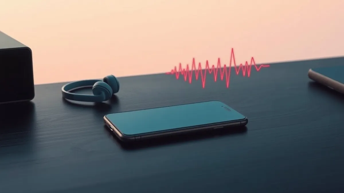 Illustration: A sleek smartphone rests on a dark wooden desk beside a pair of wireless headphones.