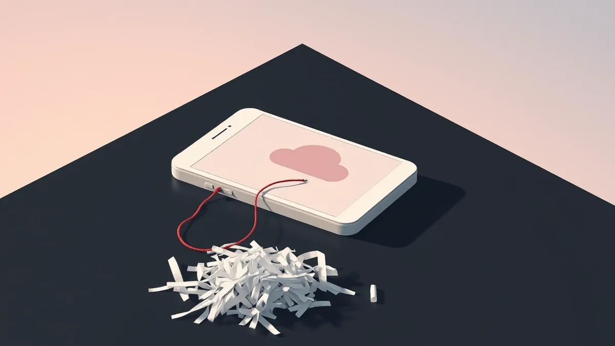 Illustration: A generic white smartphone rests on a dark desk, its blank screen reflecting a faint, distorted shape of a cloud icon.