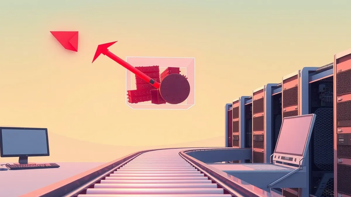 Illustration: A glowing red arrow pierces through a transparent software container floating above a conveyor belt.